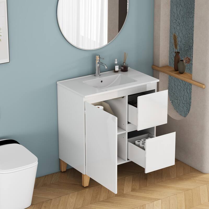 30" Wall-Mounted Bathroom Vanity With Ceramic Art Sink & 2-Soft-Close Door, KD-Packing, Plywood