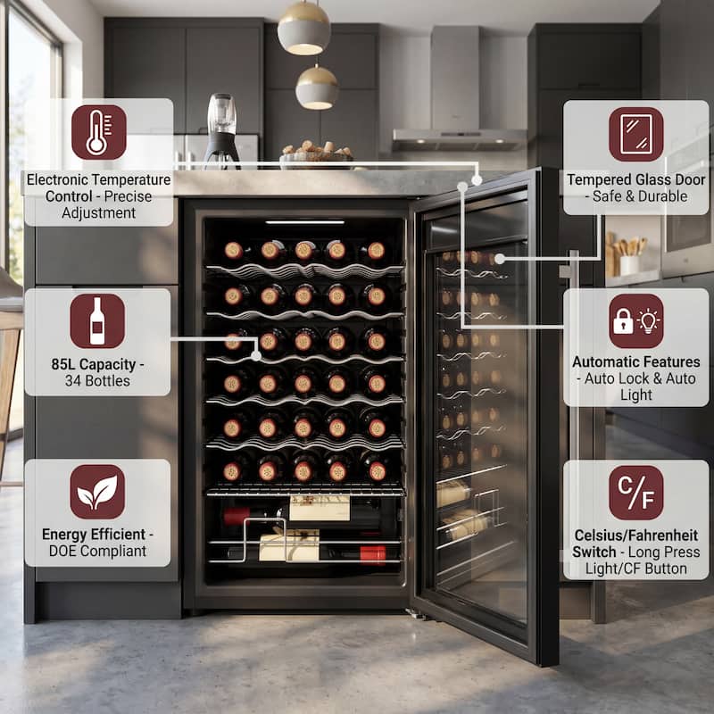 Wine Bar Cabinet with Mini Fridge Space & 34 Bottle Wine Cooler, 39" Coffee Bar Cabinet Freestanding Buffet Sideboard