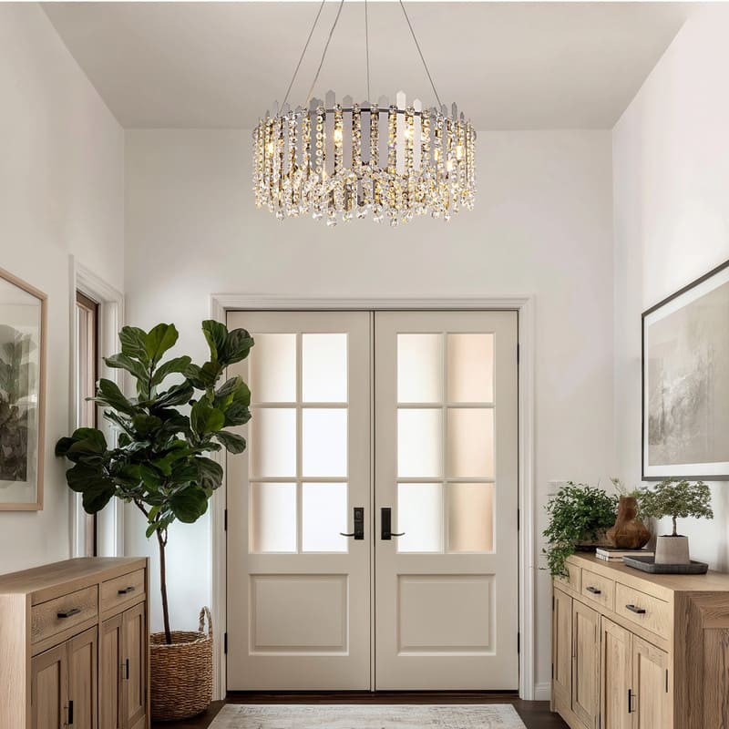 24" Chrome Modern Luxury Crystal Chandelier Adjustable Height Drum Light Fixture for Dining Room