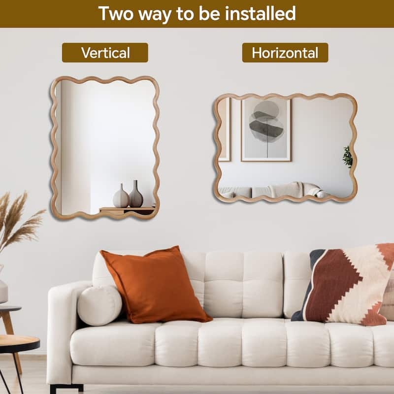 Wavy Rectangle Solid Wood Frame Decorative Mirror - Natural