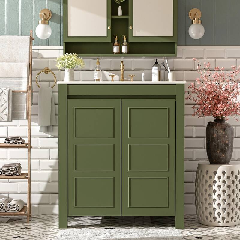 Vintage Style Bathroom Vanity Combo with Ceramic Sink and 2 Soft-close Doors - Green - 30 inch