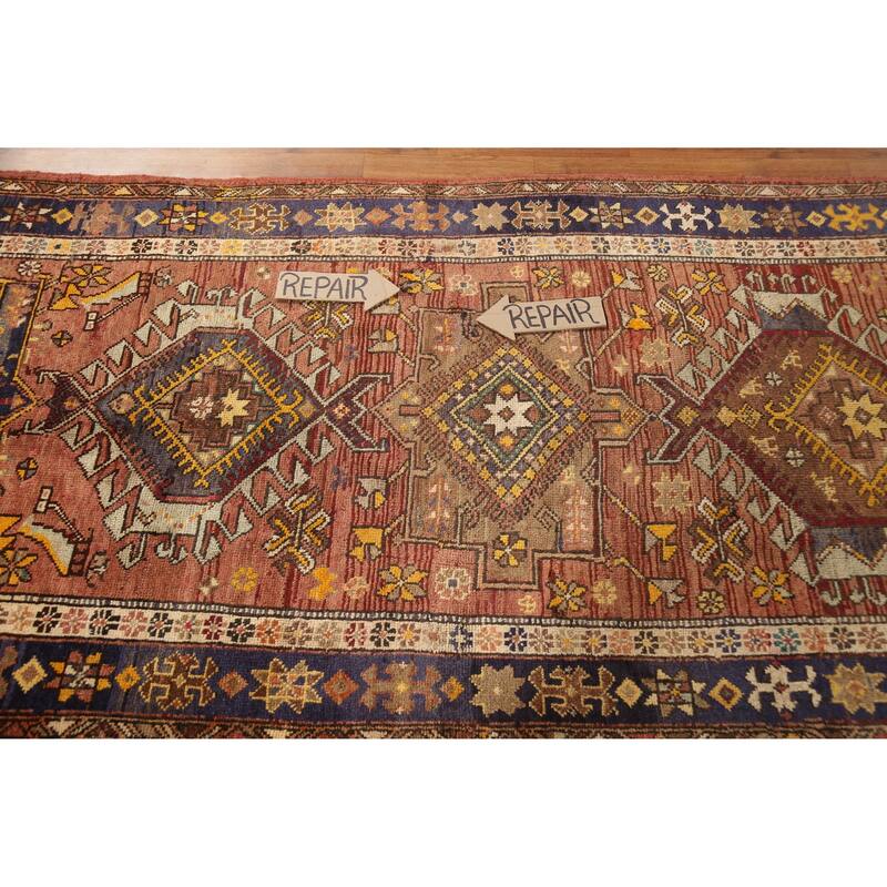 Hand Knotted Oriental 100% Wool Carpet Traditional Geometric Oranges & Rust Heriz Runner Rug - 12' 11'' X 3' 9''