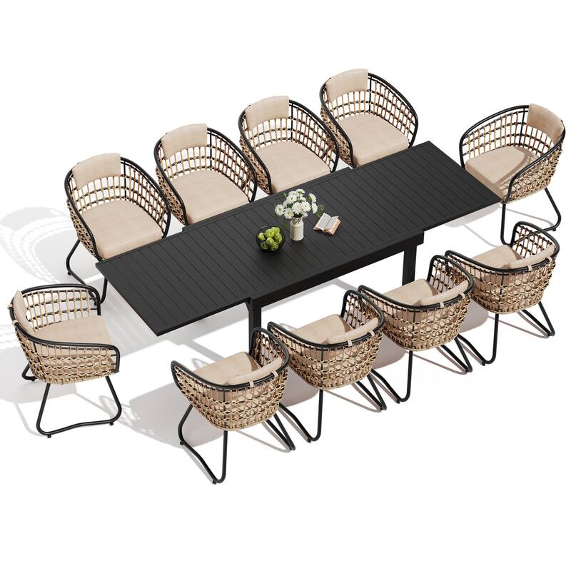 11 Piece Set Outdoor Aluminum Expandable Rectangle Patio Dining Table Set with Rattan Chairs - Beige