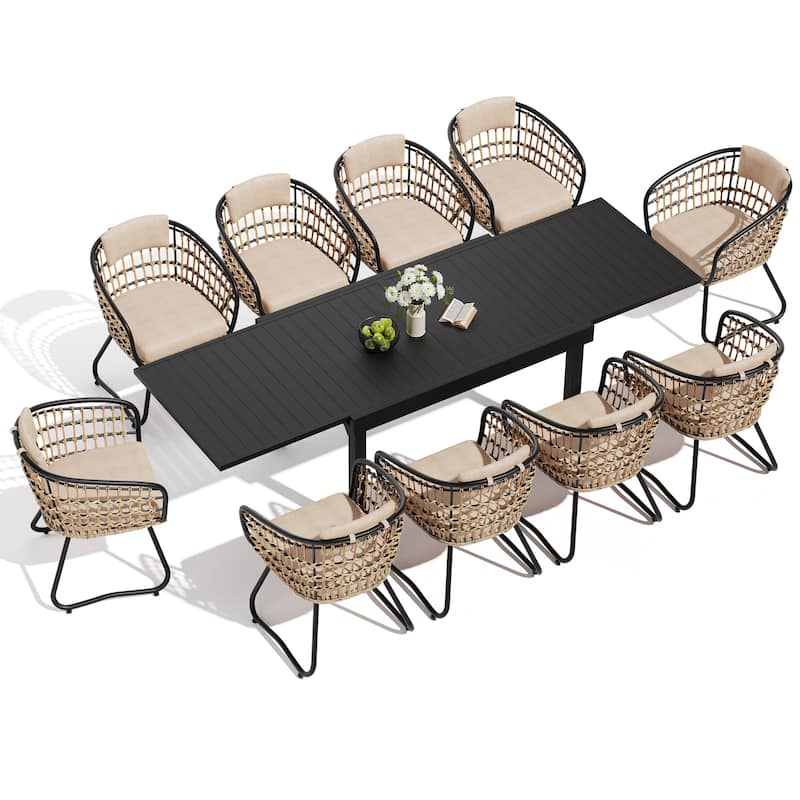 5/7/11-Piece Set Outdoor Aluminum Extendable Patio Dining Table Set with Rattan Chairs