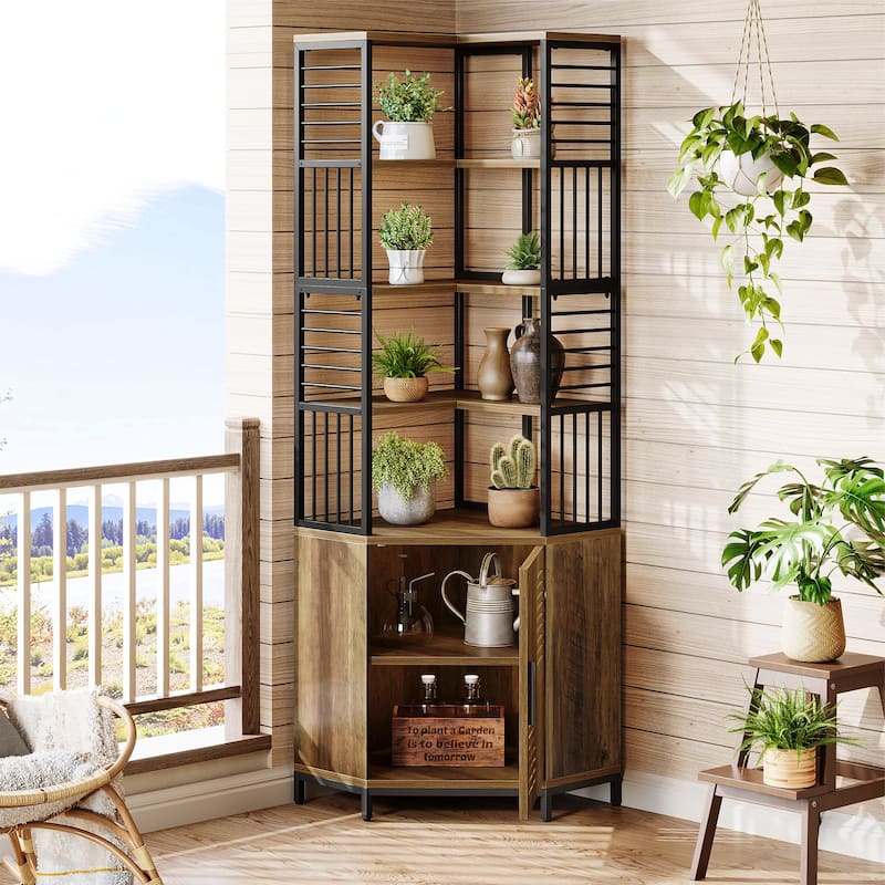 78 Inch Tall Corner Shelf with Cabinet, Industrial Bookshelf with Door