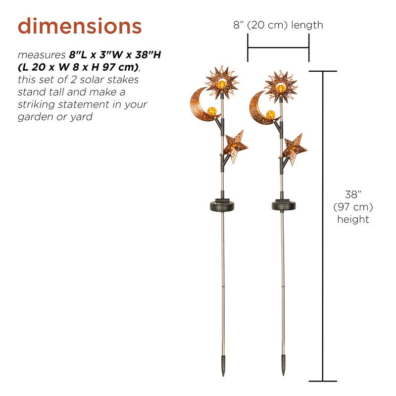 Alpine Corporation SBY100SLR-2 Celestial Solar LED Stake, Sun, Moon, and Star Pathway Lighting for Walkway, 38"H, Black Set of 2