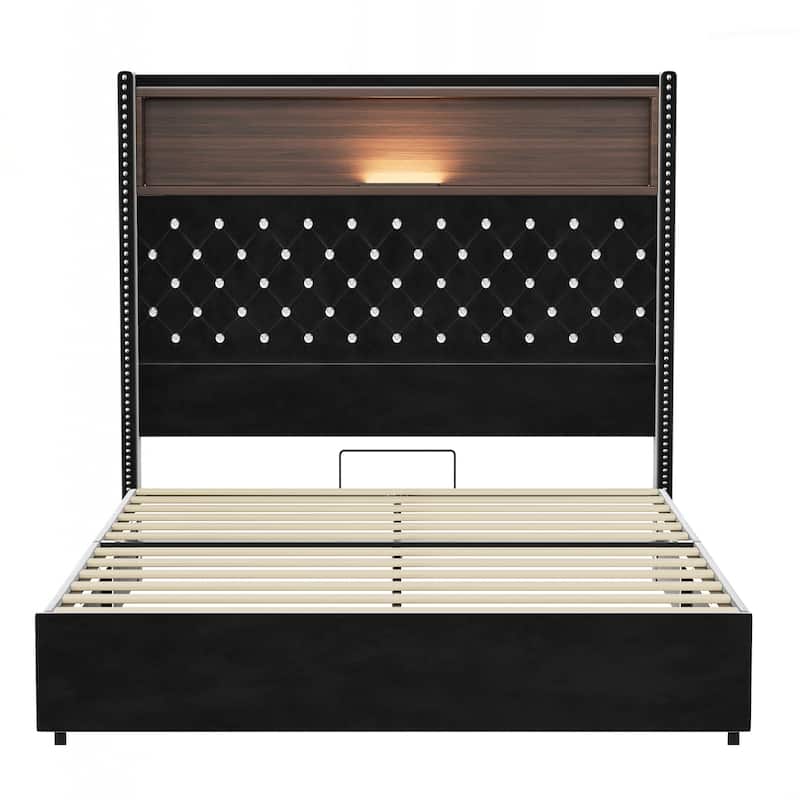 Full Size Tufted Soft Bed Frame with USB Port and Night Light