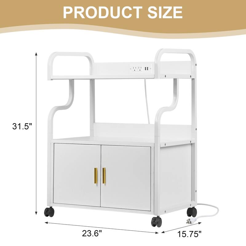 VECELO Mobile Printer Stand with Outlets & Locking Wheels White Rolling Cart Home Office Cart with USB Charging Station
