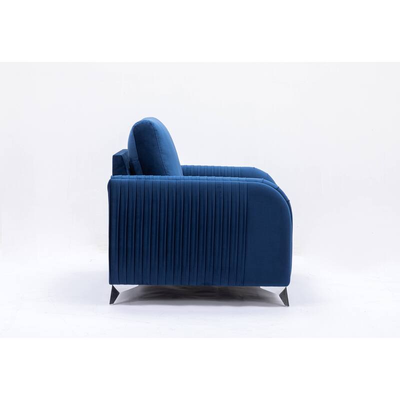 Blue Modern 38" Velvet Upholstered Accent Chair with Polished Chrome Trim Legs and Vertical Pleated Design