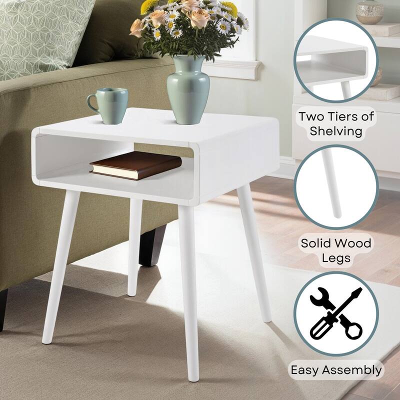 End Table with Shelf, Mid Century Modern Side Table with Open Cubby, Curved Edges, Tapered Legs and Spacious Surface - 18