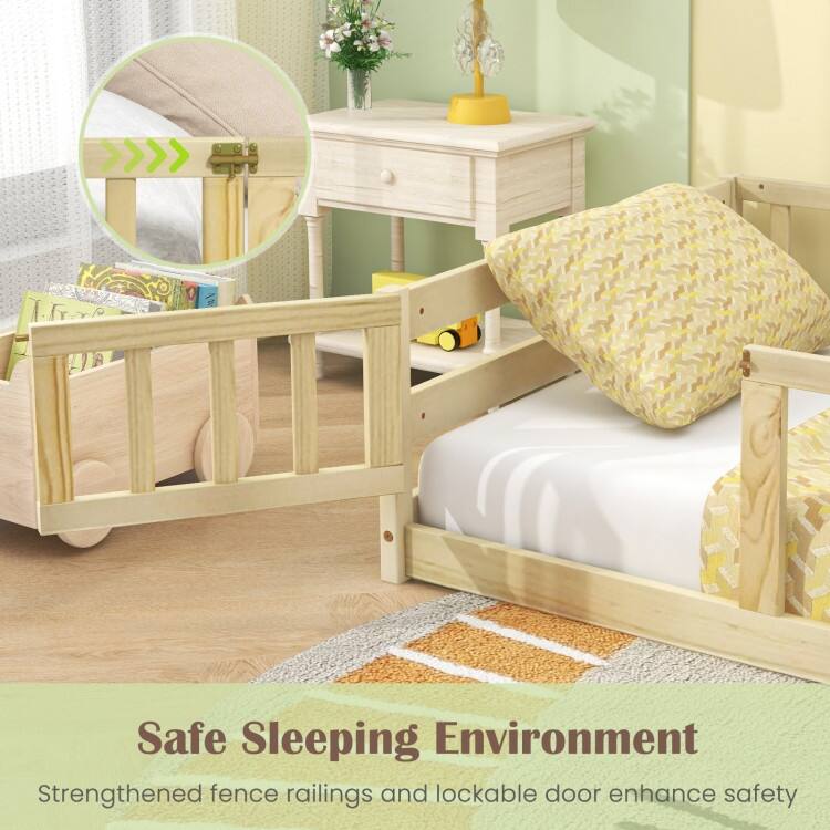 Twin Size Kids Wood Montessori Floor Bed with Door and Fence