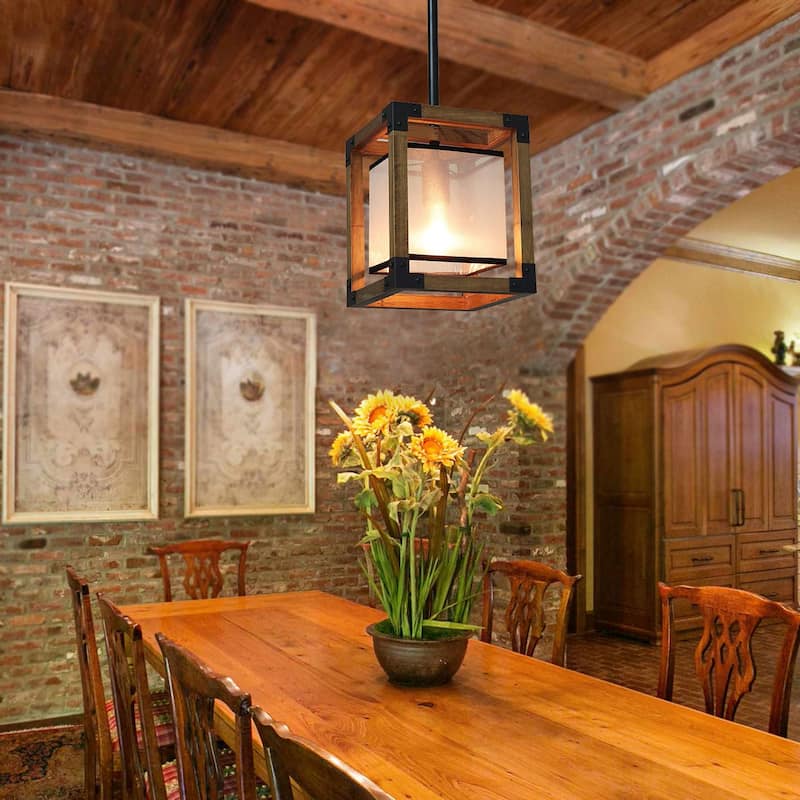 Anmytek 1-Light Farmhouse Wood Square Pendant Light Fabric Shade Kitchen Island Lights for Dining Room - 8" L x 8" W x 10" H