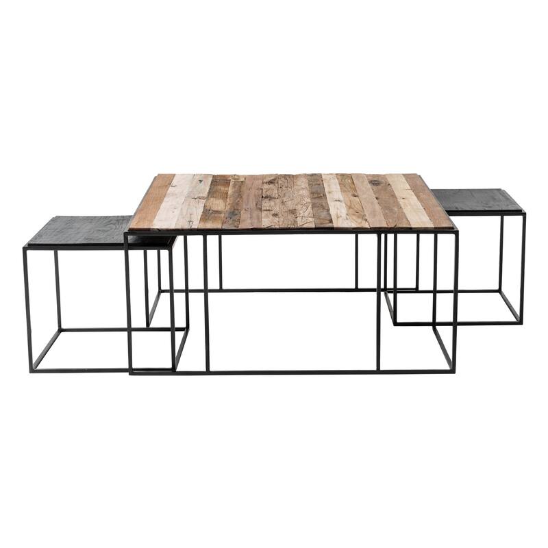 HomeRoots Set of Three 39" Oak And Black Solid Wood And Iron with Iron Square Nested Coffee Tables