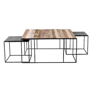 HomeRoots Set of Three 39" Oak And Black Solid Wood And Iron with Iron Square Nested Coffee Tables