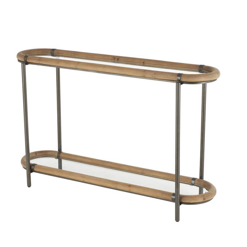 Metal Oval 1 Shelf Console Table with Brown Wooden Framed Glass Tabletop - Brass - Roche River Decor