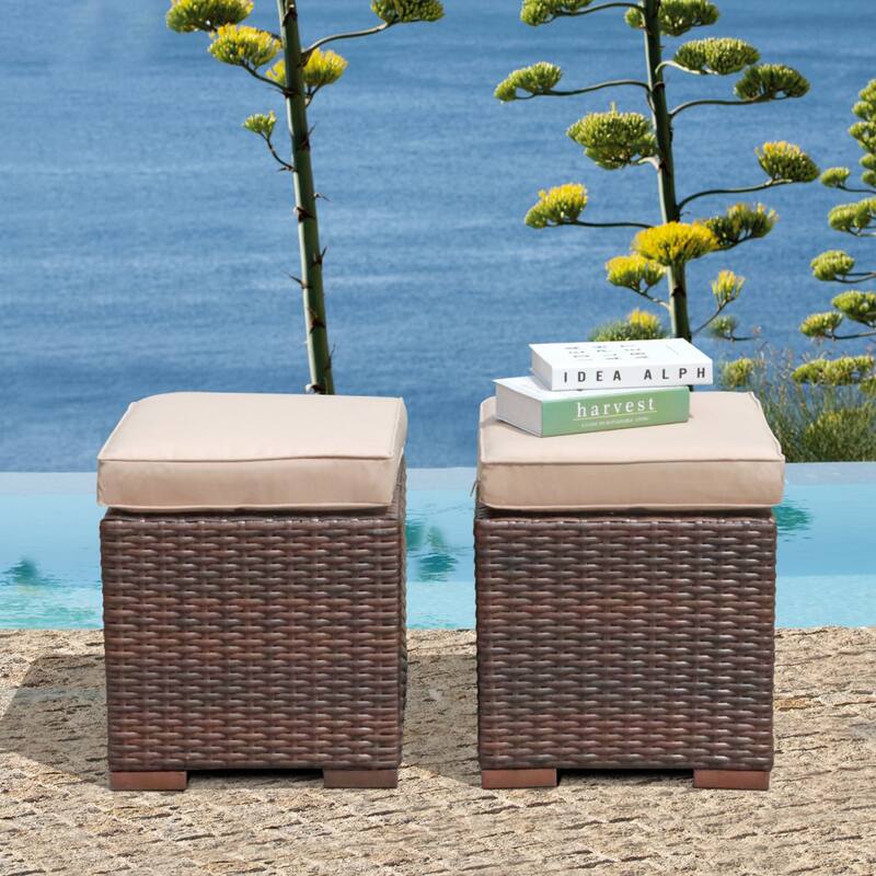 Outdoor Patio Rattan Ottoman Set (Set of 2) - Brown