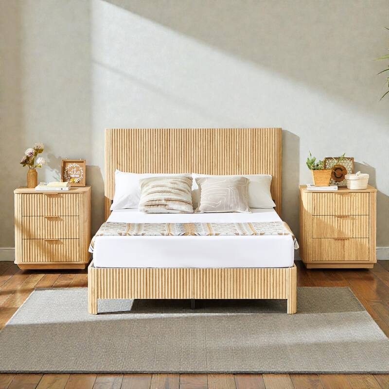 Wood Bed Frame with Corrugated Curved Wood Panels, Heavy Duty Metal Support, No Box Spring Needed
