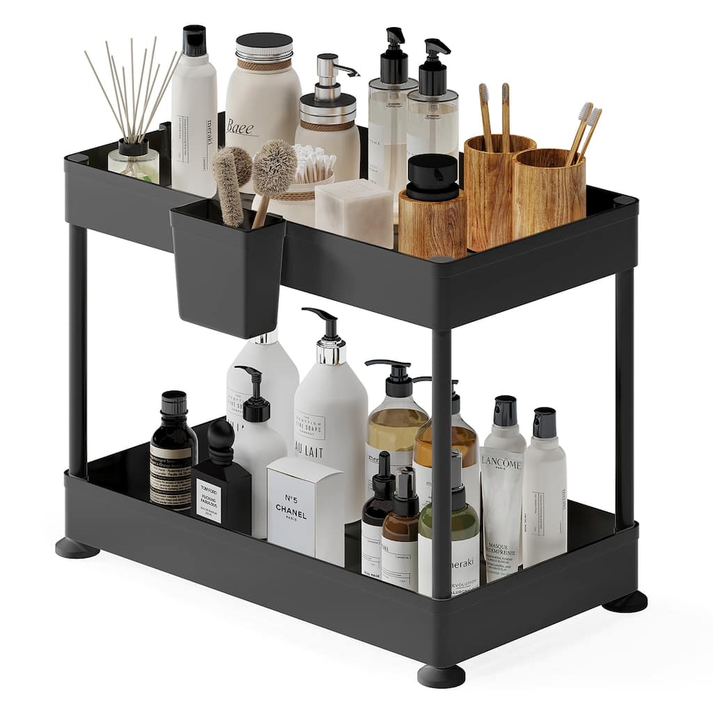Empyrean 2 Tier Non-Slip Grip Kitchen Under Sink Organizer - Bathroom Cabinet Organizer with Utility Hooks and Side Caddy