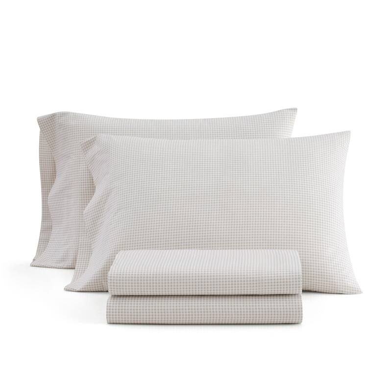 Martha Stewart Printed Cotton Percale Sheet Set - Gingham Beige - Full