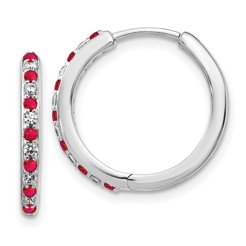 Curata 14k White Gold Diamond and Ruby Hinged Hoop Earrings - 18x19mm Wide 2mm Thick