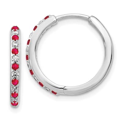 Curata 14k White Gold Diamond and Ruby Hinged Hoop Earrings - 18x19mm Wide 2mm Thick