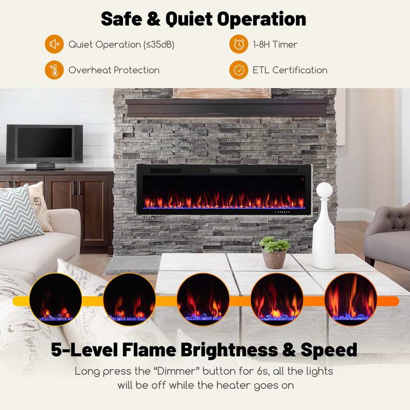 Costway 40"/50"/60" Linear Electric Fireplace 1500W Recessed