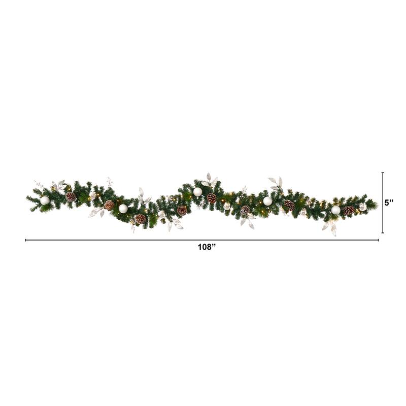 9’ x 10" Ornament and Pinecone Artificial Christmas Garland, Clear LED