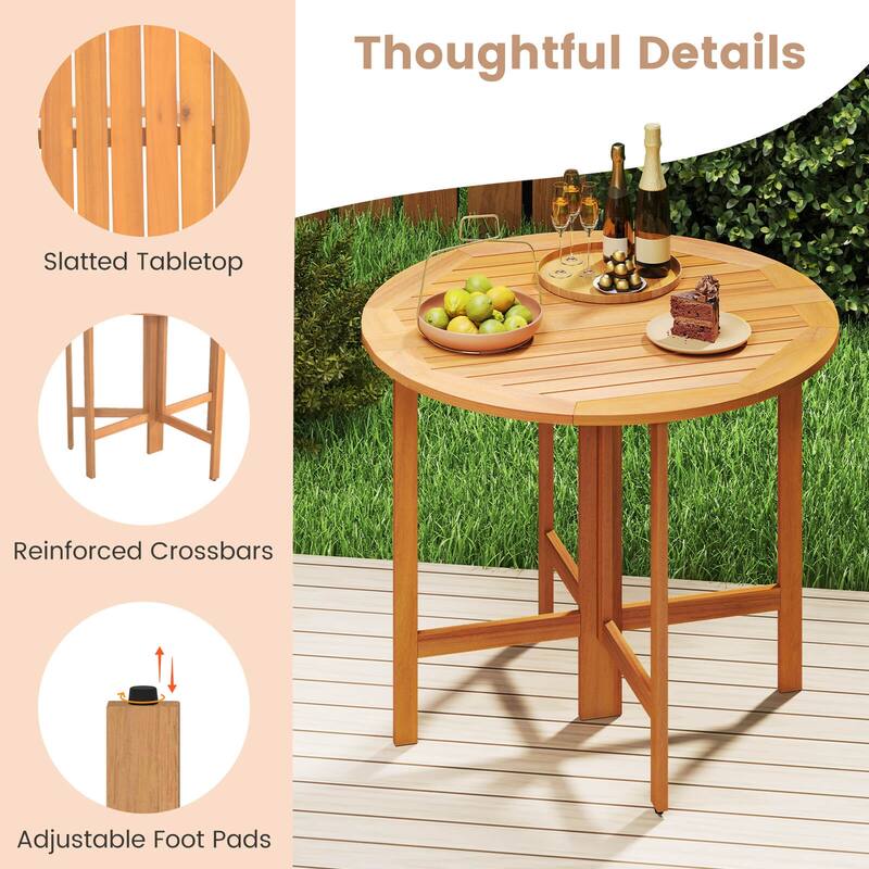 Costway 36" Outdoor Folding Round Dining Table with Slatted Tabletop - Teak - See Details