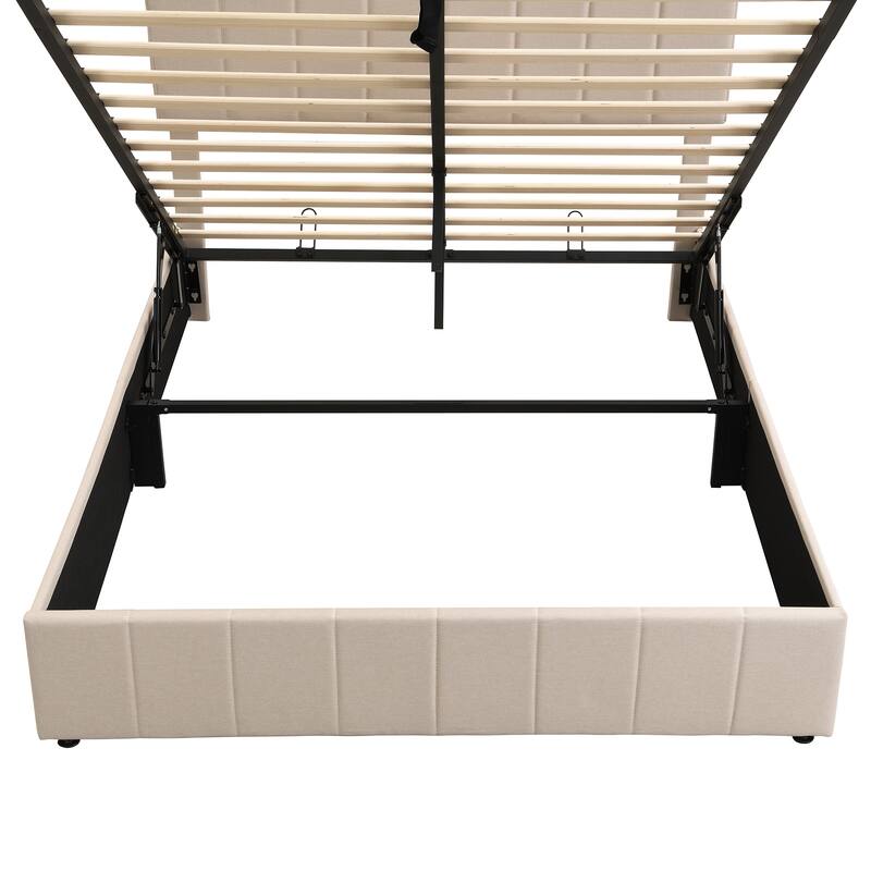 Full / Queen Sturdy Platform Bed with Hydraulic Lift Storage and Linen Headboard