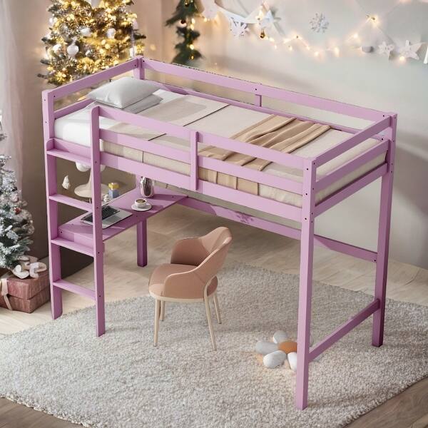 slide 2 of 18, Kids and Baby Twin High Loft Bed with Safety Guardrail,Built-in desk,Ladder Pink