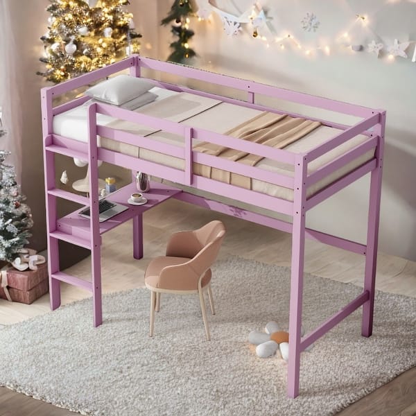 slide 2 of 18, Twin High Loft Bed with Safety Guardrail,Built-in desk,Ladder Pink