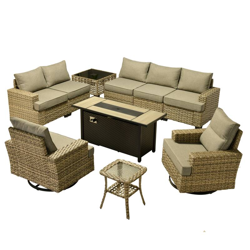 HOOOWOOO 10-piece Rattan Wicker Patio Outdoor Furniture Fire Pit Set with Swivel Rocking Chairs