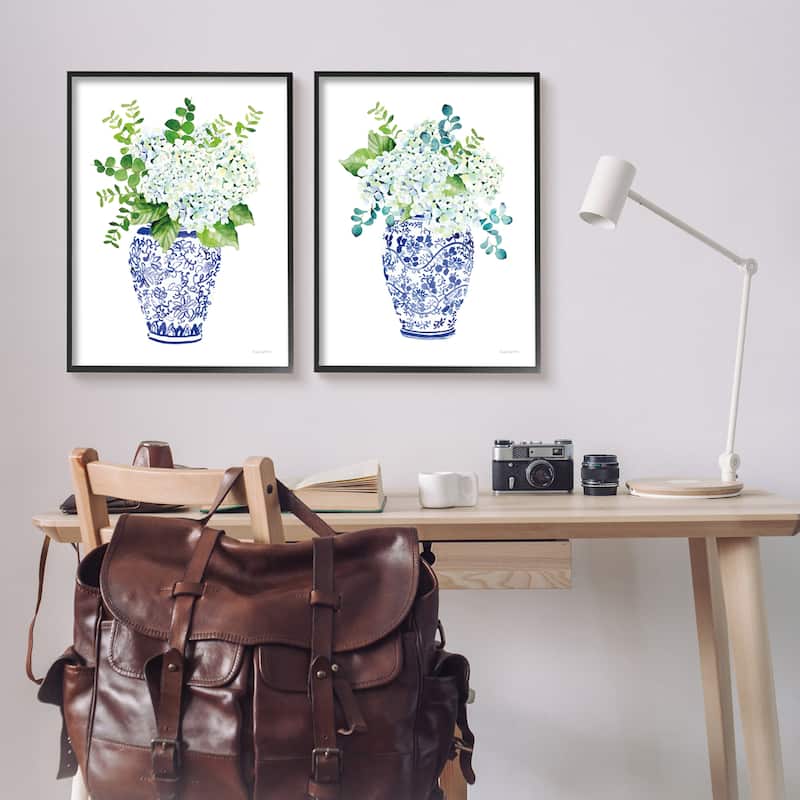 Stupell Blue Floral Bouquets Lush Green Botanicals Ornate Pot 2pc Multi Piece Framed Wall Art Set