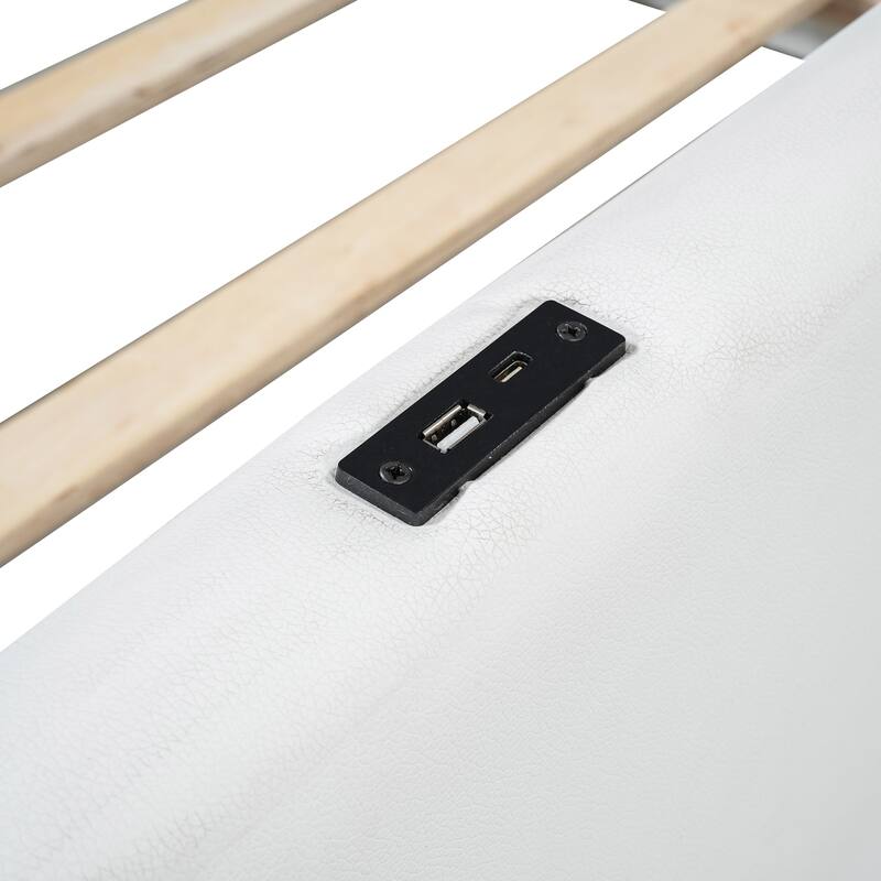 Twin Size PU Leather Platform Bed with Full Length Guardrail and Charging Station, Upholstered Floor Bedframe, Wood Slat Support