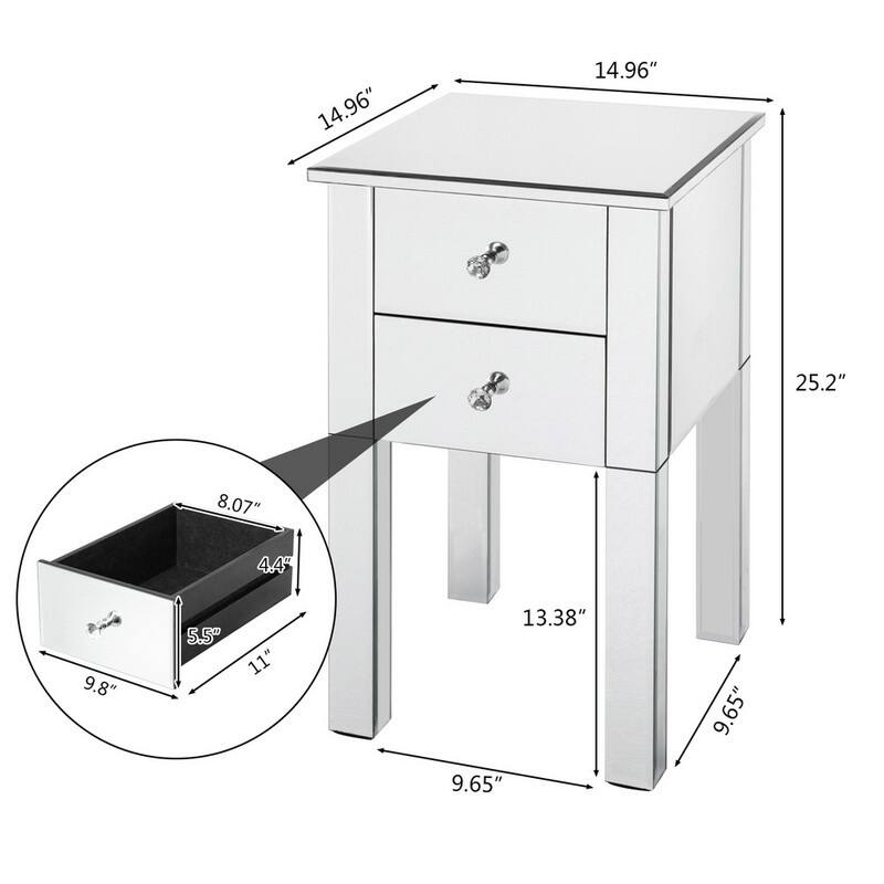 Modern 2 Drawers Mirrored Nightstand Bedside Table Silver