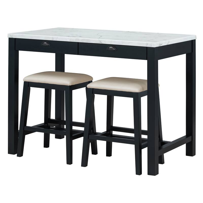 Modern Faux Marble Bar Table Set with Storage & Stools