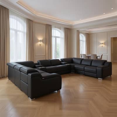 HomeRoots Black Italian Leather Power Reclining U Shaped Ten Piece Corner Sectional With Console