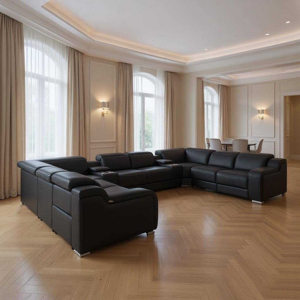 HomeRoots Black Italian Leather Power Reclining U Shaped Ten Piece Corner Sectional With Console