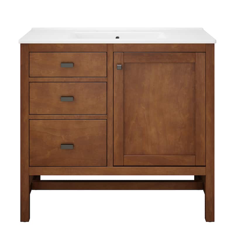 Christopher Knight Home - Modern 36" Freestanding Bathroom Vanity with Ceramic Sink, Dual Drawers, Flip-Up Storage - 36"W