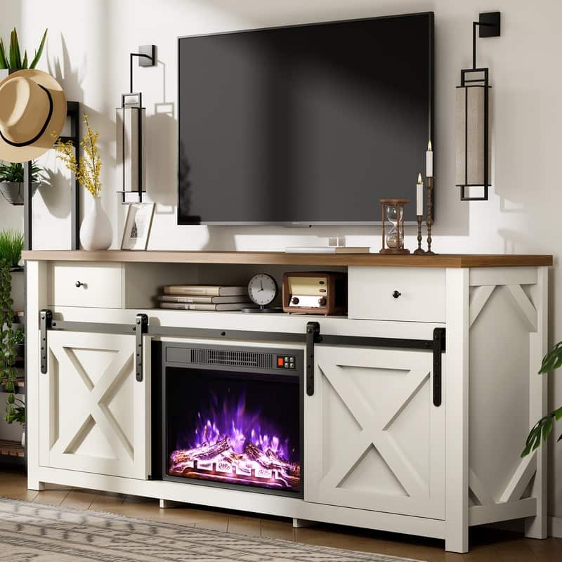 70" Sliding Diamond Door TV Stand for TVs up to 73" with 23" Electric Fireplace Included