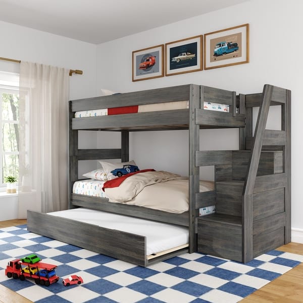 slide 2 of 16, Modern Farmhouse Twin Over Twin Bunk Bed with Staircase and Trundle Driftwood