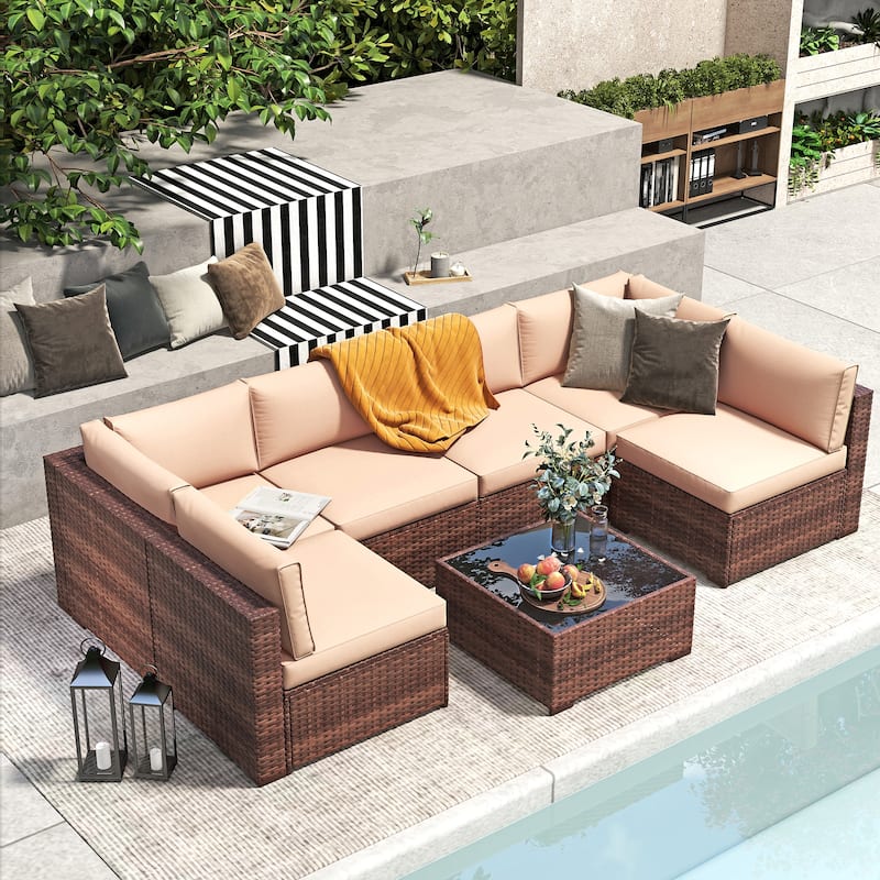 Wicker/ Steel 7-piece Outdoor Cushioned Sectional Sofa Set - Beige