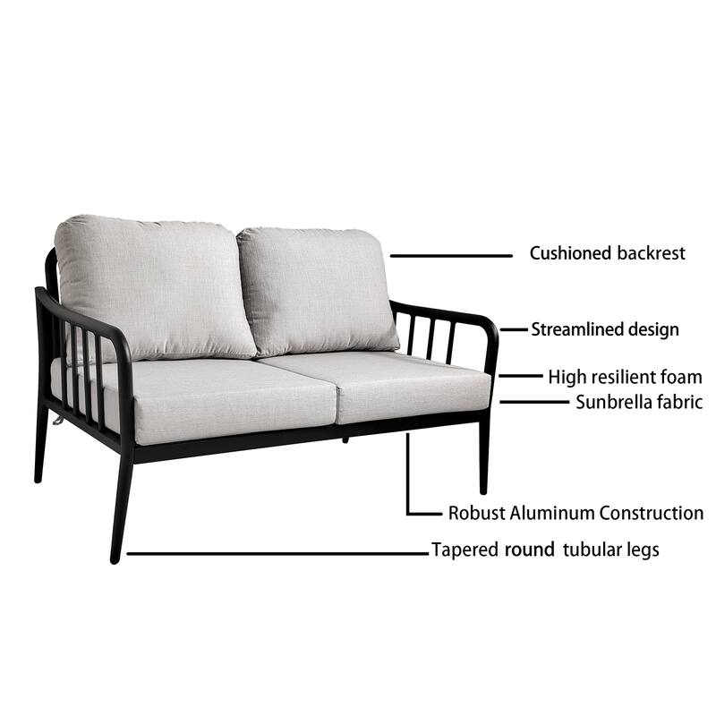 2-Piece Outdoor Loveseat & Table - Sunbrella Cushions, Carrara Stone-Look, Ember Black Frame - 29.9" D x 53.1" W x 30.9" H