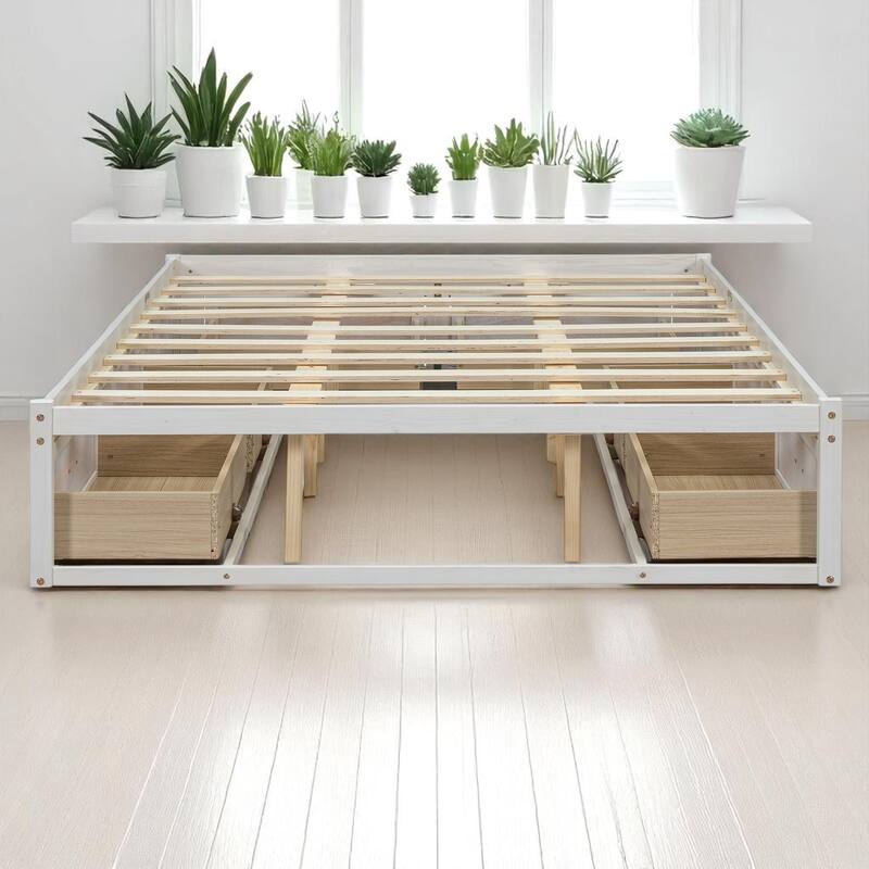 Full/Queen Platform Bed with 6 Storage Drawers, Modern Wood Frame with Slats, No Box Spring Needed