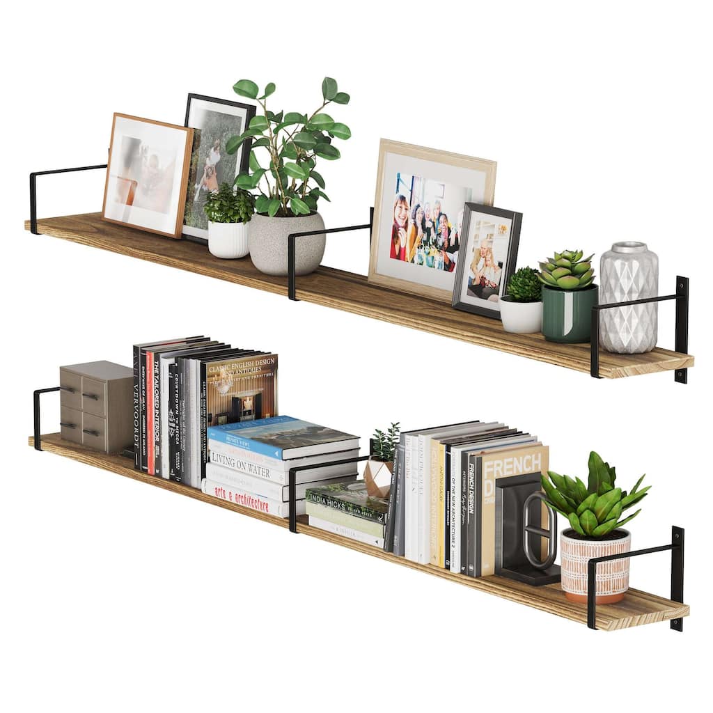 Wallniture Toledo 60"x6" Wood Floating Shelves, Wall Bookshelf, Rustic Floating Shelf (Set of 2)