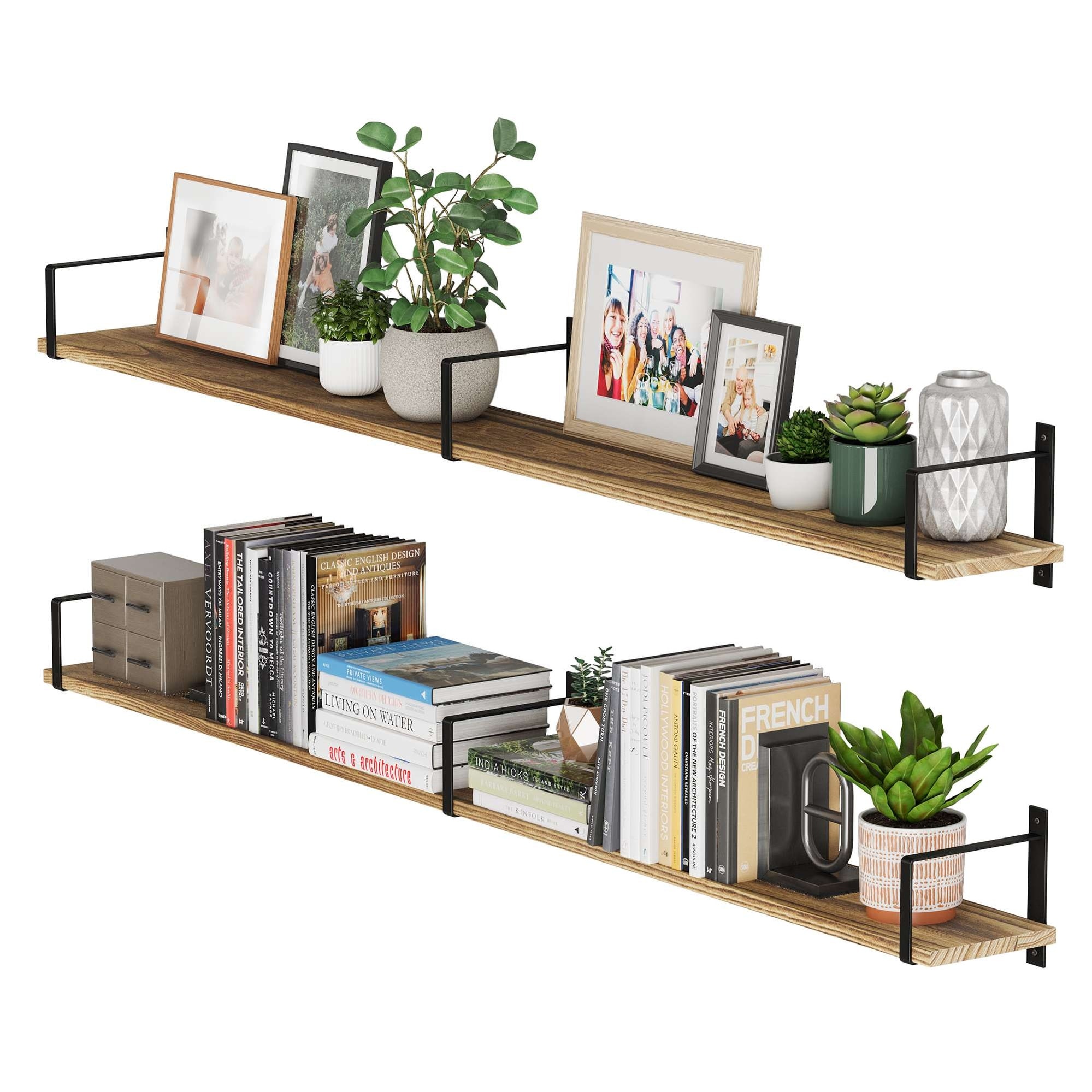 Wallniture Toledo 48" - 60" Inch Long Wood Floating Shelves, Wall Bookshelf, Rustic Floating Shelf, Living Room & Office, 2 Pcs