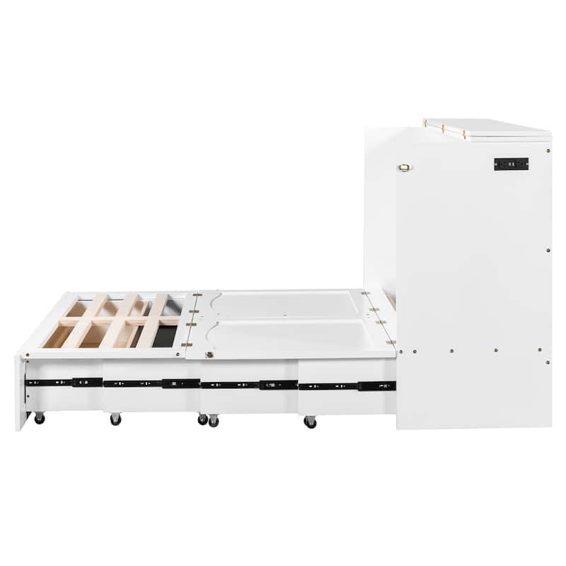 Full Size Murphy Bed Chest Wooden Wall Cabinet Bed with Drawer and Charging Station, Foldable Platform Wall Bed Frame