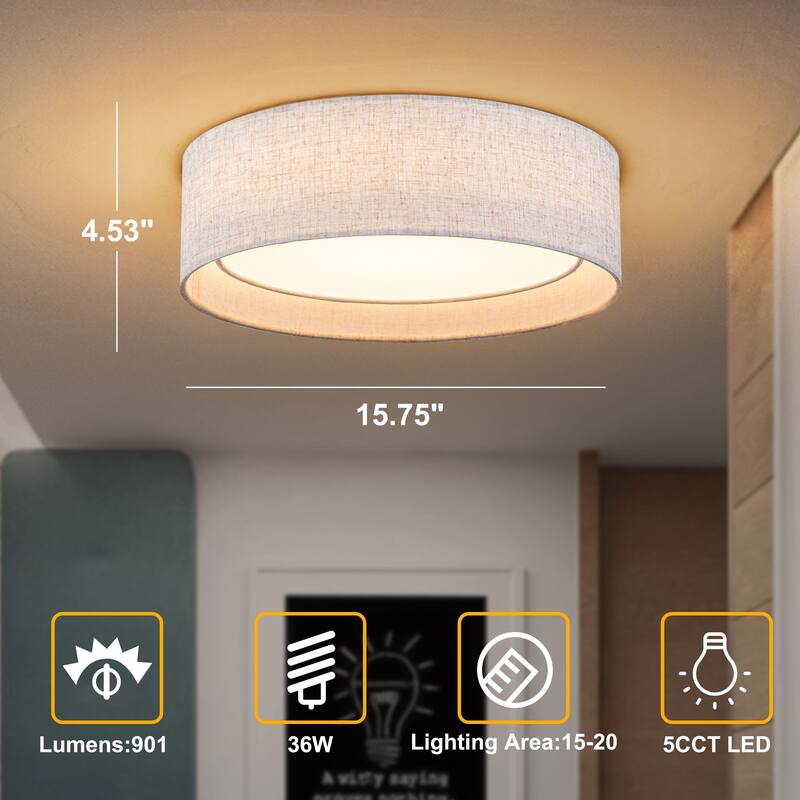 Starsky Modern Linen Drum Flush Mount Ceiling Light with 5-CCT Selectable LED (3000-6000K)