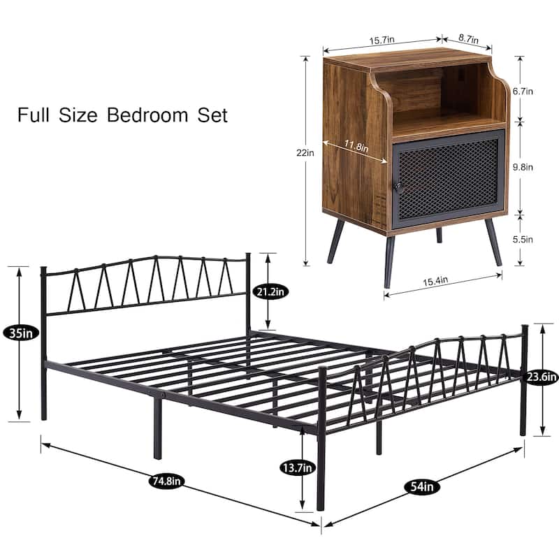 Industrial 3 Piece Bedroom Set Black Platform Bed Frame and Modern Brown Nightstands Set of 2