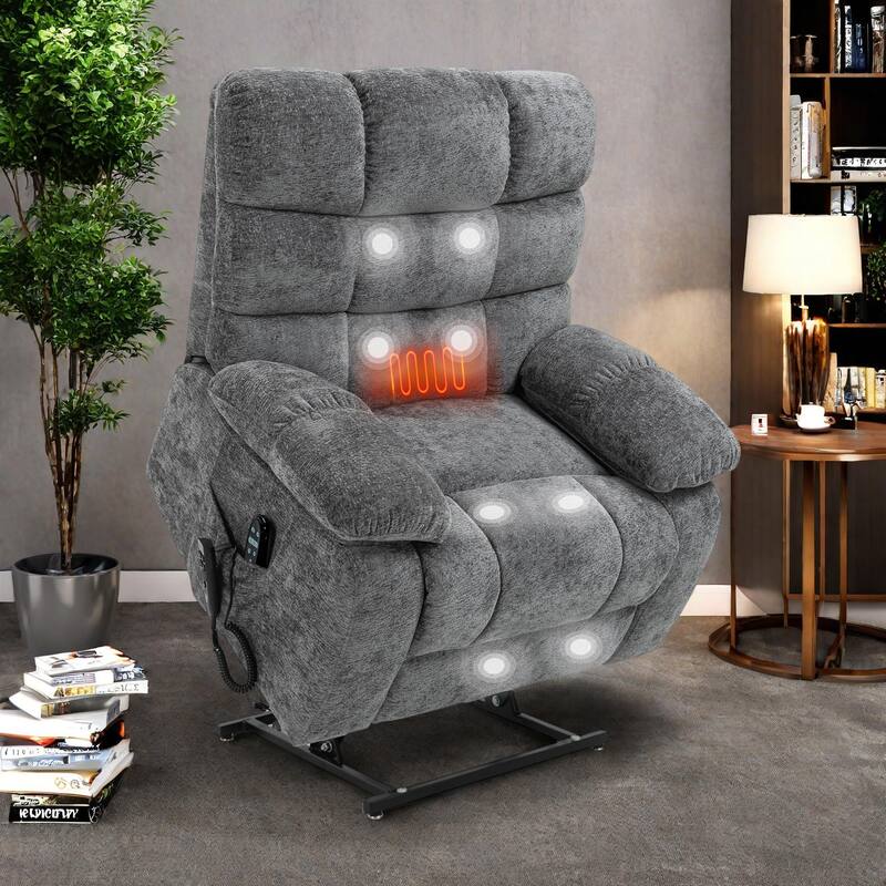 Oversized Chenille Power Lift Recliner Chair with Massage and Lumbar Heating, Charging Port, 180° Lying Flat - Grey